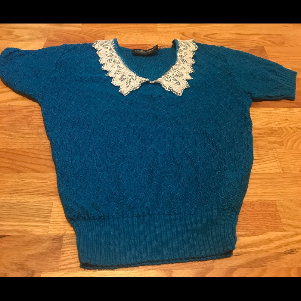 Teal lace collared vintage sweater